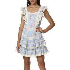 Stellah Blue Floral Lace Trim Tiered Ruffle Midi Dress Cottagecore Large NWT